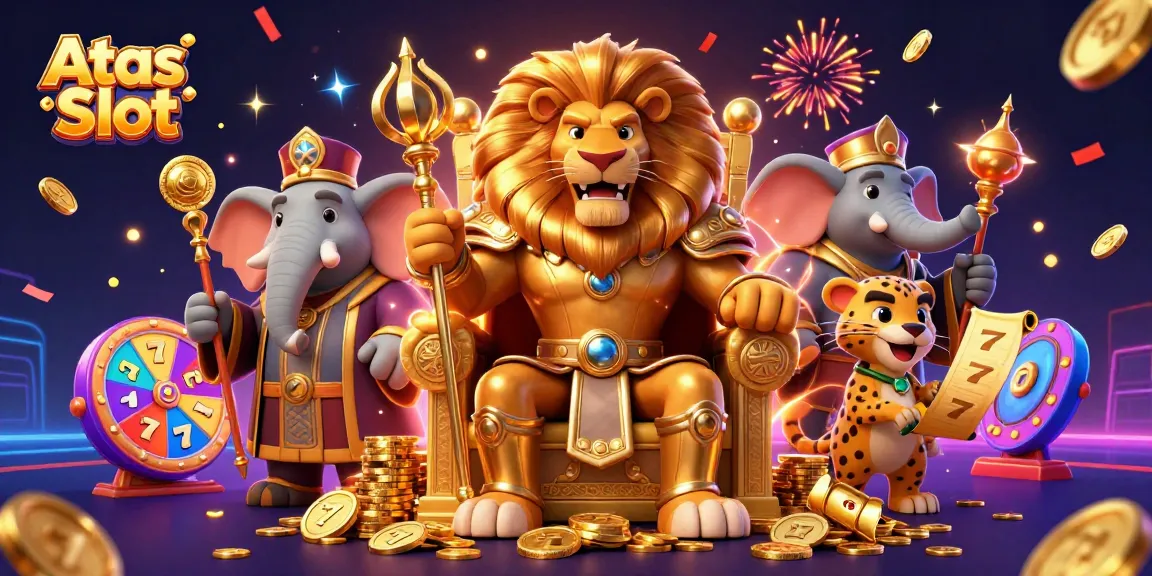 Experience gaming thrills with Atas Slot, featuring a lion king and vibrant casino elements.