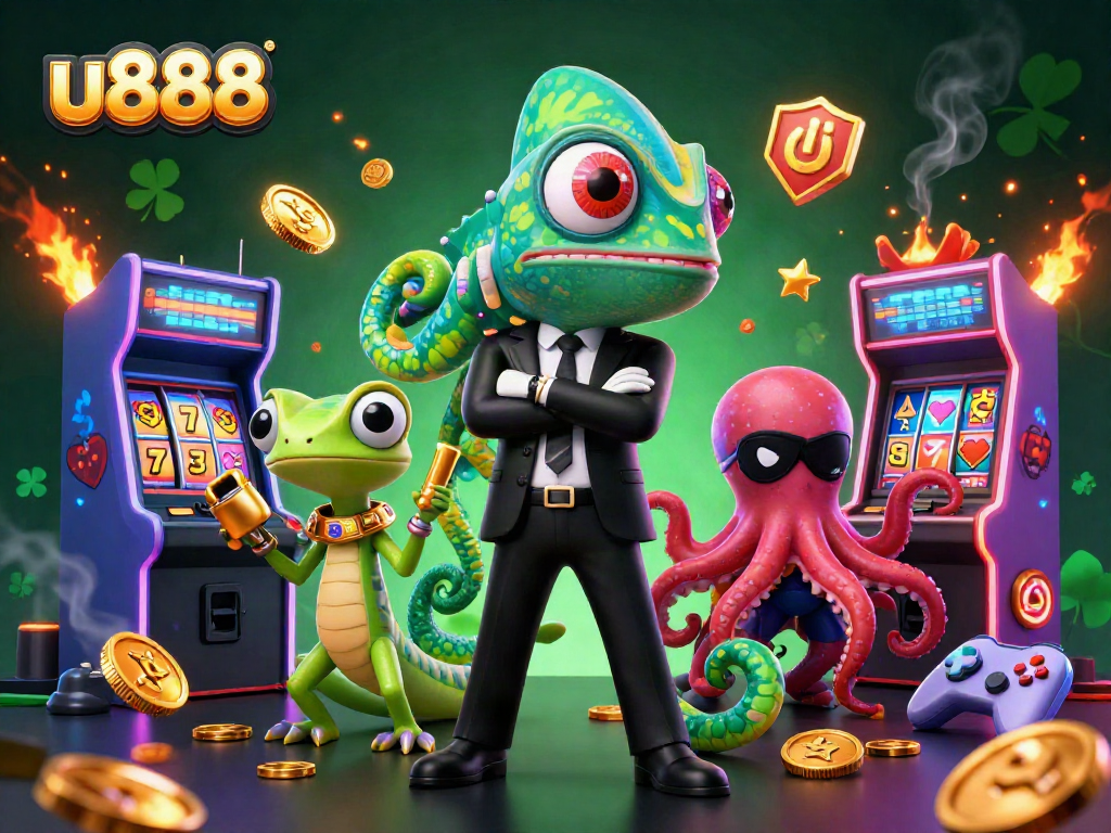 Experience excitement with u888's captivating 3D casino scene featuring vibrant characters and games.