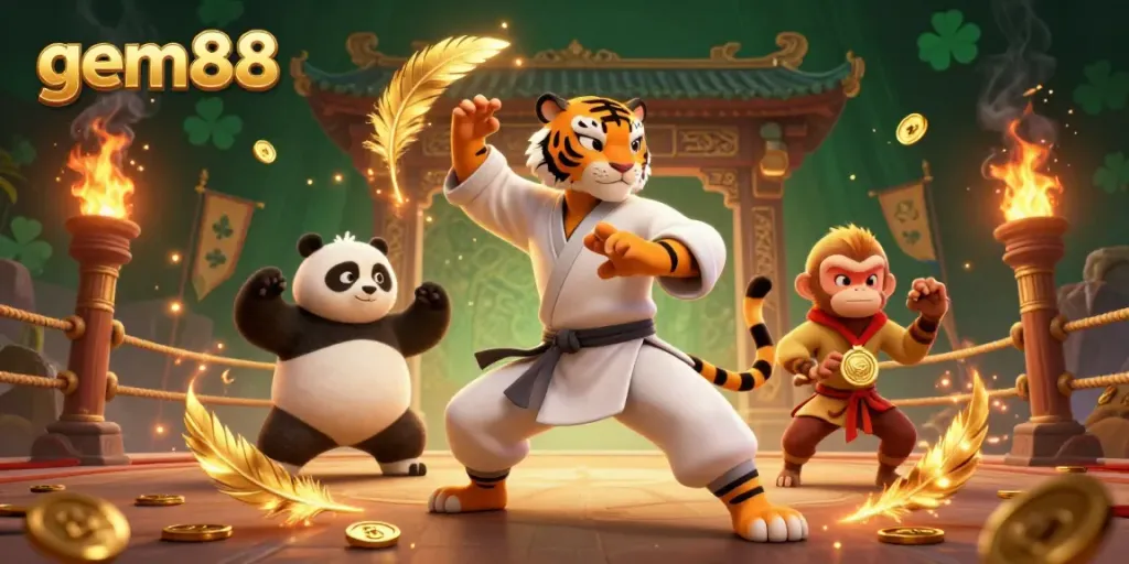 Experience winning moments at gem88 with a vibrant scene of cartoon characters immersed in a thrilling gambling atmosphere.