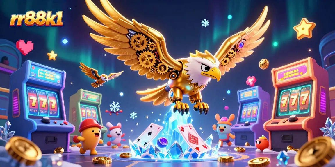 rr88k1 showcases a dynamic casino scene with a golden eagle diving through holographic cards amidst casino elements.