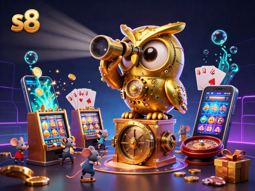 Engaging s8 illustration featuring a golden owl and animated casino elements, showcasing dynamic gameplay.