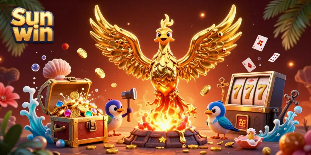 Engage with the vibrant excitement of Sun win through thrilling gold coin slots and magical creatures in this lively 3D illustration.
