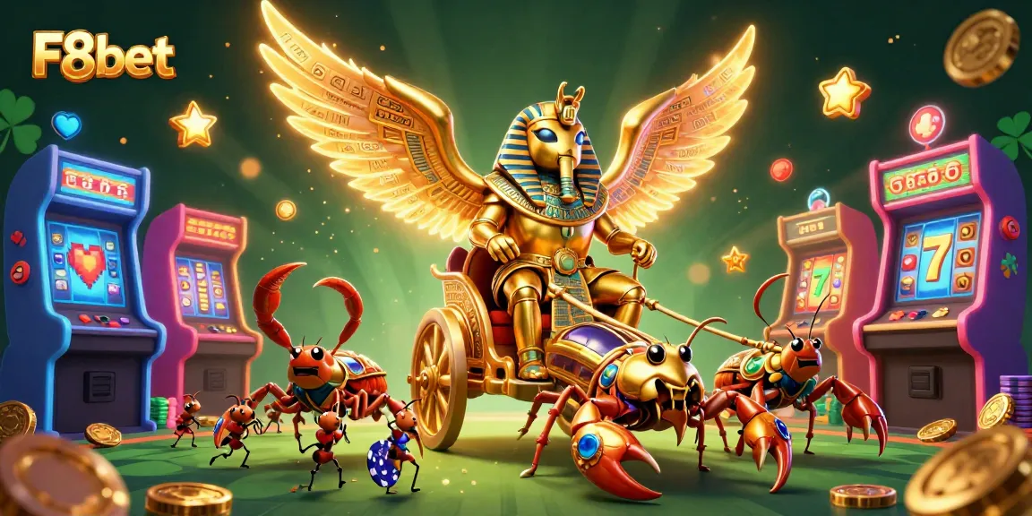 Experience F8bet's gaming excitement with a dynamic scene featuring a majestic scarab beetle and thrilling casino games.