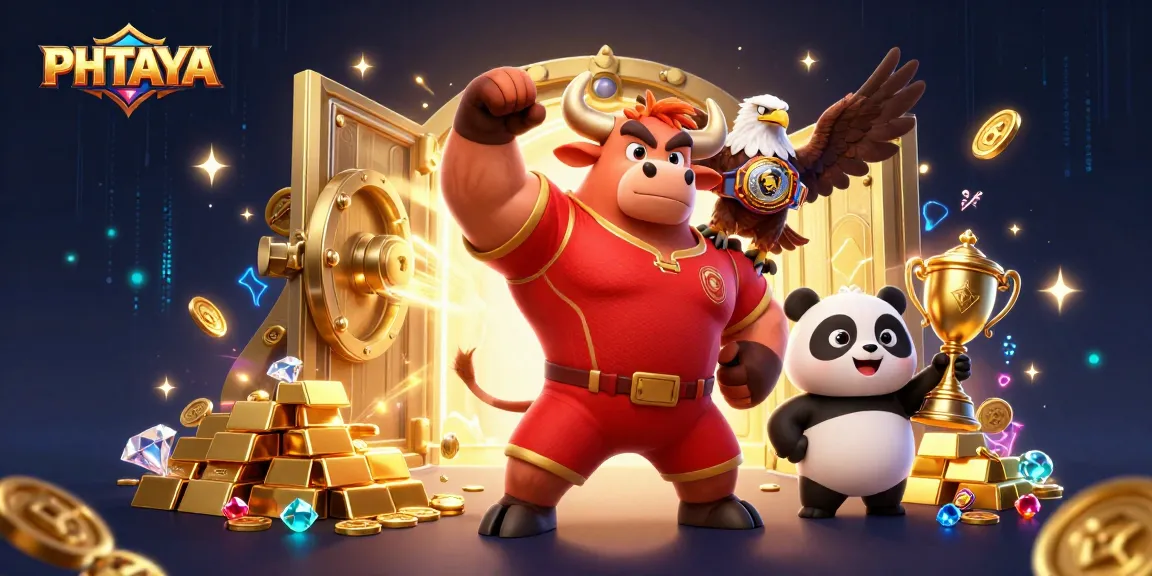 PHTAYA gaming celebration featuring a bull mascot, eagle, and panda with gold treasures and vibrant casino elements