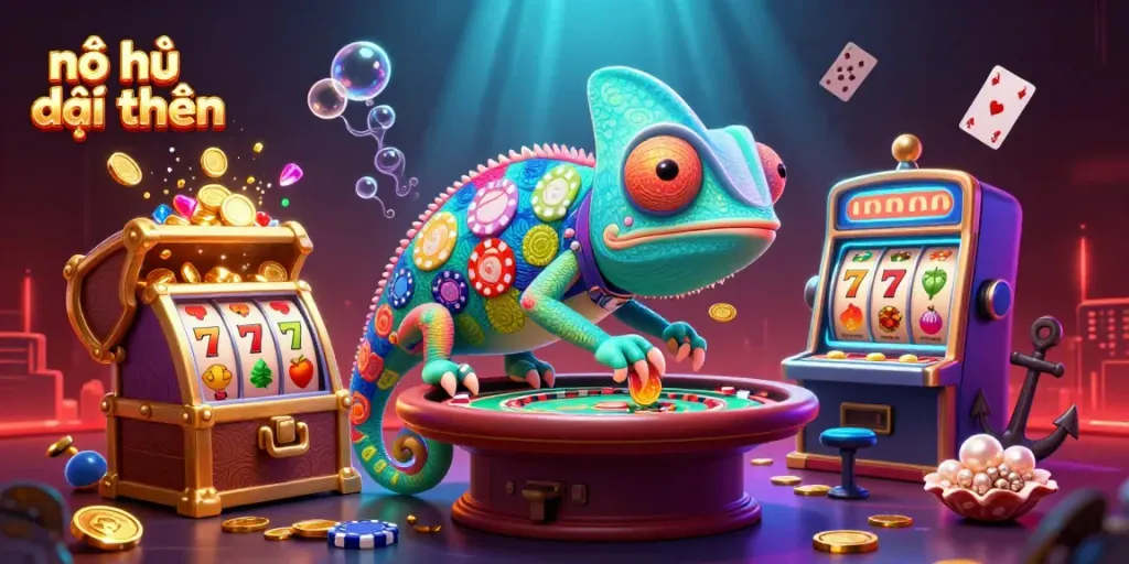 Experience vibrant nổ hũ đổi thưởng with a dynamic chameleon casino scene featuring colorful slot elements.
