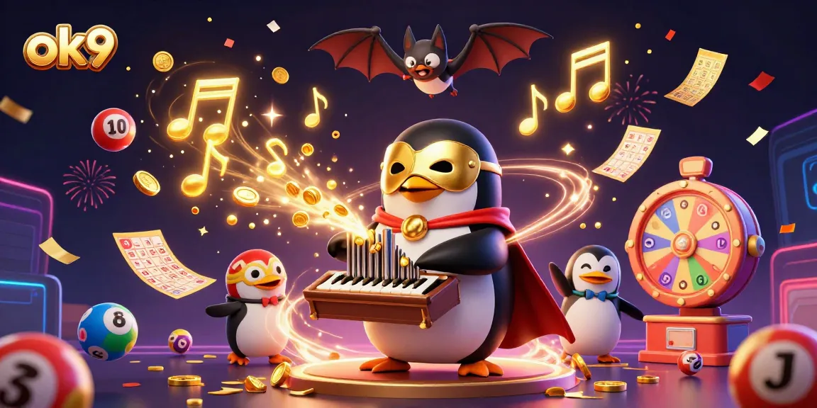 Spin the reels with ok9 as the penguin plays the organ shooting gold coins in this vibrant casino scene.