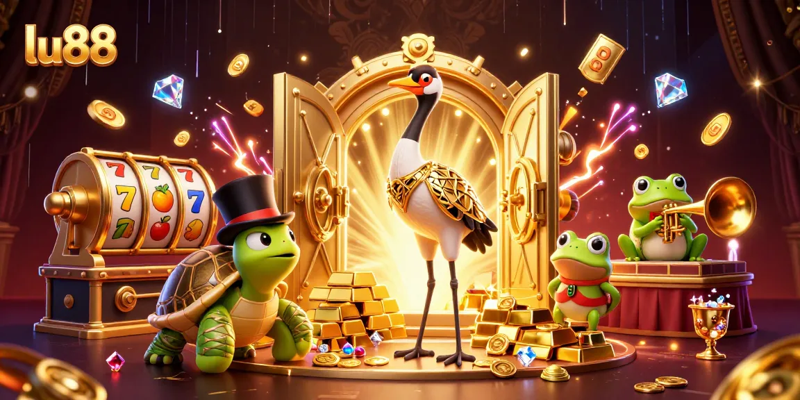 lu88 casino scene featuring luxurious gold treasures and vivid gambling elements with colorful characters.