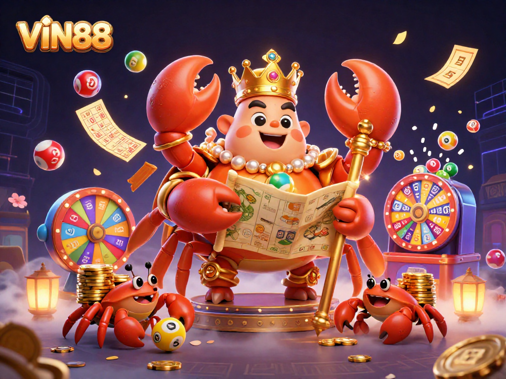 Experience excitement at VIN88 with vibrant lottery balls and the majestic crab emperor.
