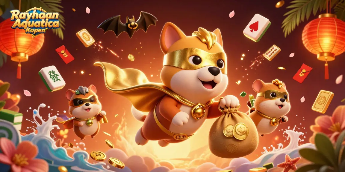 Engage with the Rayhaan Aquatica Kopen scene featuring a heroic dog and hamster surrounded by vibrant casino elements.
