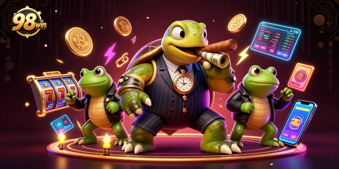 Experience thrilling gaming at 98win with unique characters and vibrant casino elements in a 3D illustration.
