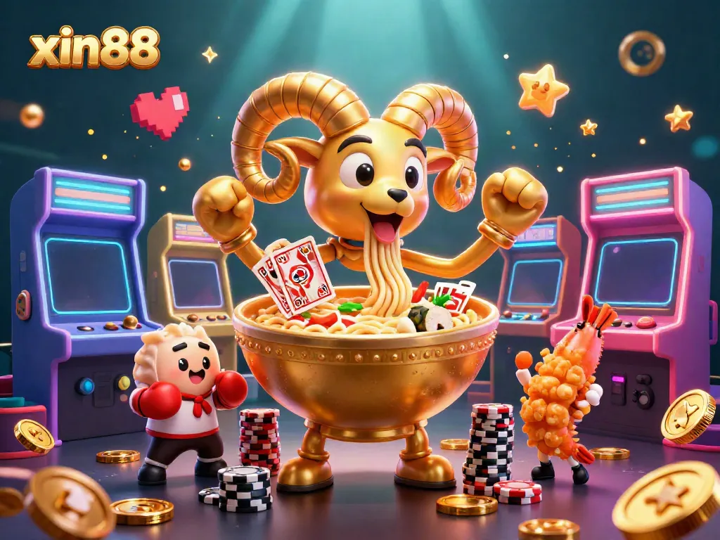 Experience ultimate fun with xin88 in an engaging casino scene featuring a giant ramen bowl dealer and lively game elements.