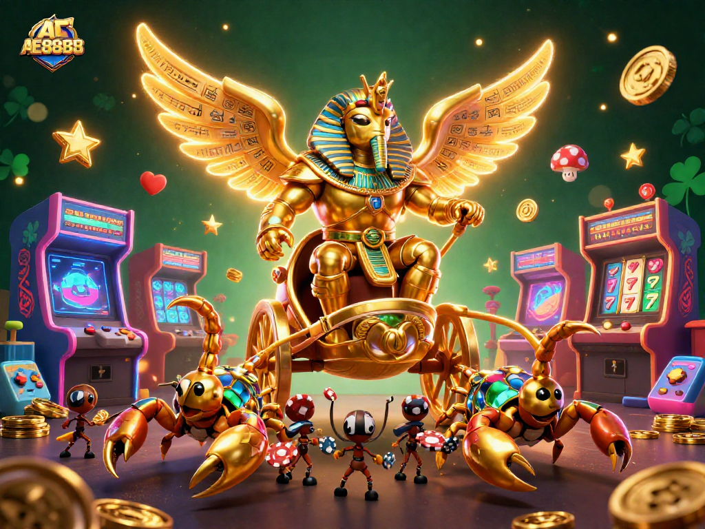 Experience thrilling gameplay with AE8888's dynamic casino illustration featuring vibrant characters and gaming elements.