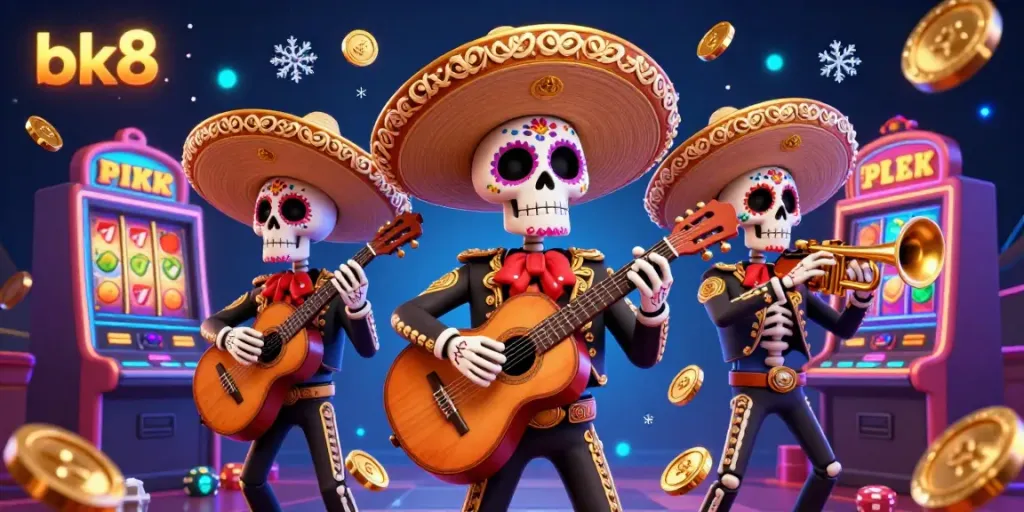 Engage in vibrant bk8 gaming as a mariachi band plays surrounded by slot machines and shimmering coins.