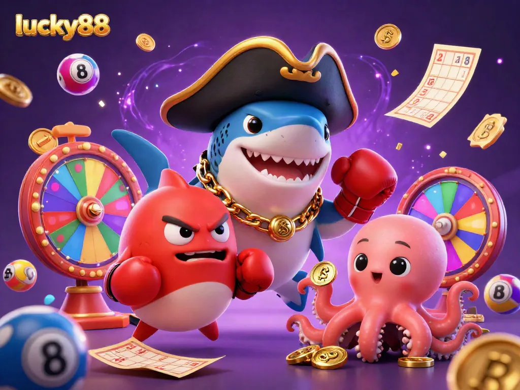 Lucky88 animated characters celebrating with coins, colorful lottery balls, and a dynamic casino theme.