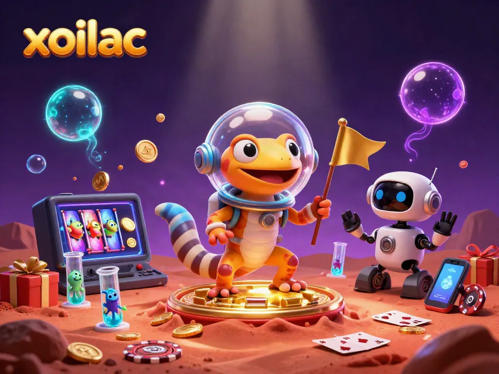 Xoilac showcases a Martian gecko discovering a golden casino on Mars, with dynamic gambling elements.