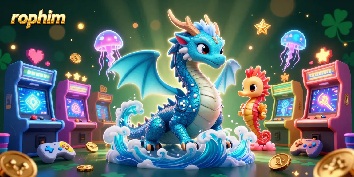 Engage with rophim's vibrant casino world featuring a dragon, seahorse knight, and glowing game elements.