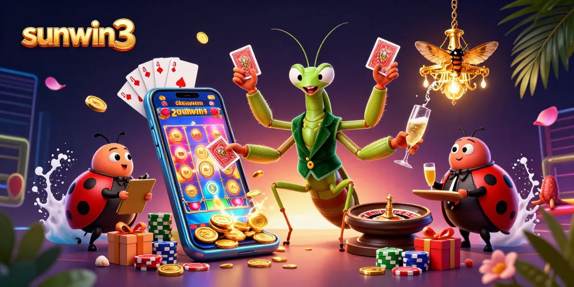 Experience thrilling gameplay with sunwin3 featuring colorful slots, a lively mantis dealer, and a festive casino atmosphere.