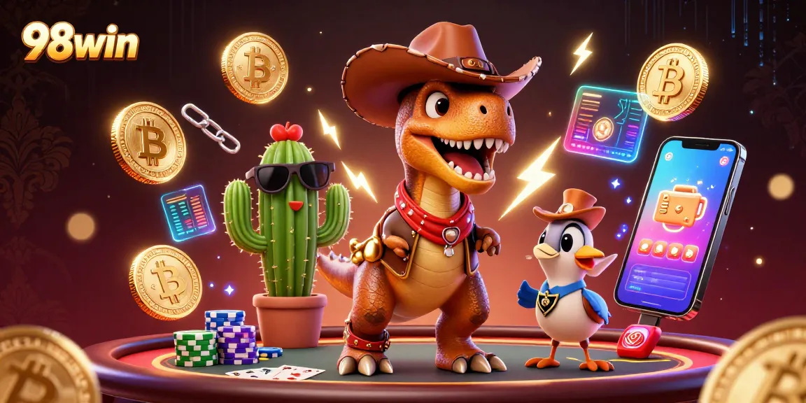 The 98win cowboy dinosaur character engages in a lively poker scene packed with excitement, showcasing a dynamic casino atmosphere.