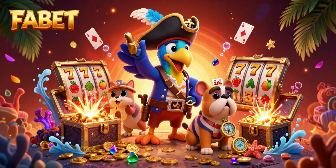 Experience the thrill of FABET with vibrant casino elements like slot reels and gold scattered treasure.