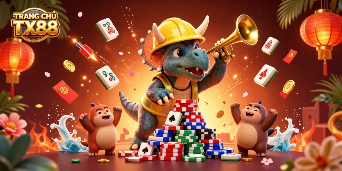 Celebrate wins at TRANG CHỦ TX88 with a colorful 3D casino illustration packed with vibrant gaming elements.