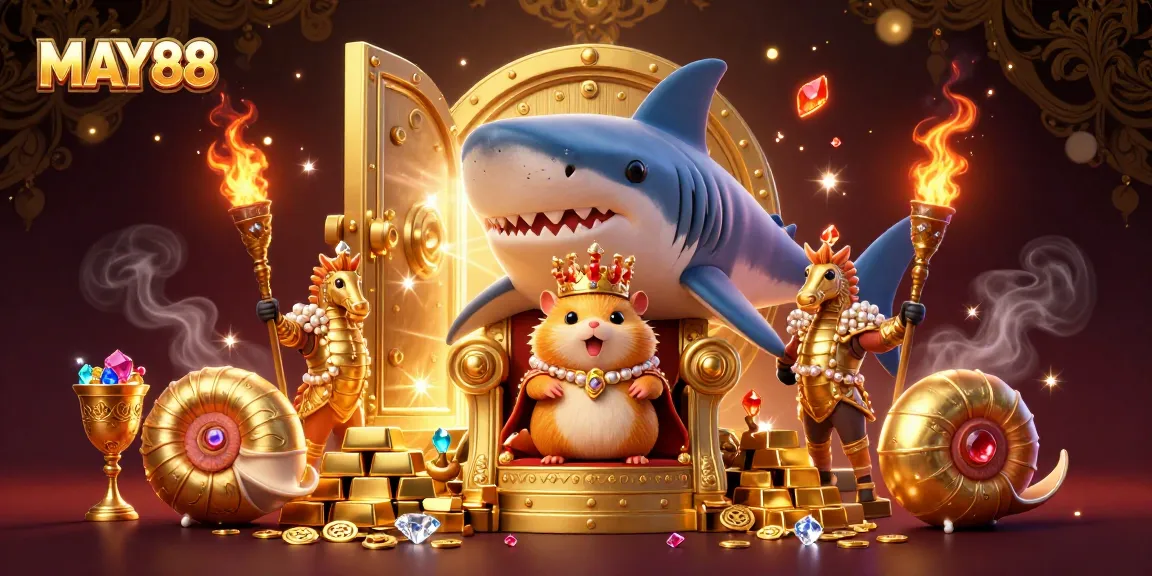 MAY88 features a golden hamster king ruling from a massive megalodon throne, surrounded by treasures and seahorse guards in a vibrant 3D illustration.