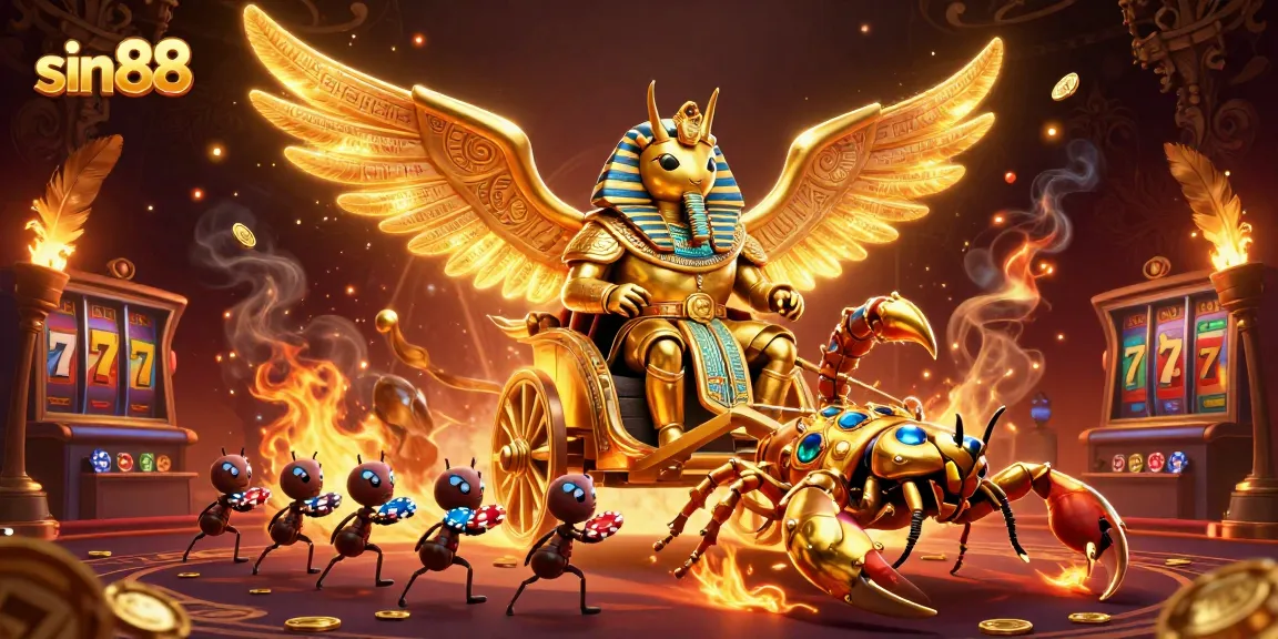 Play sin88 for thrilling moments with golden scarab and scorpions in a vibrant casino scene.