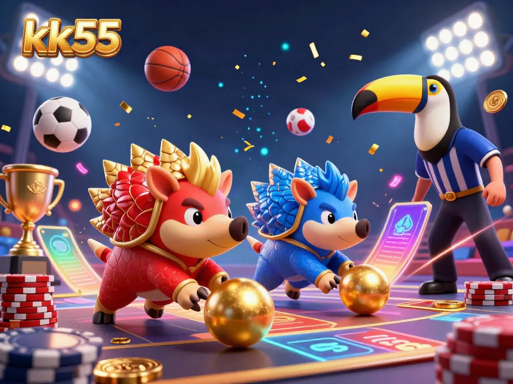 Engage in thrilling competition with the kk55 pangolins bowling through poker chips in this energetic casino scene.