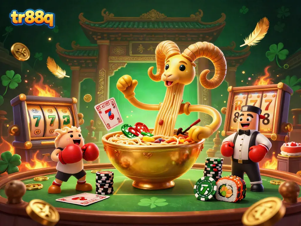 Experience the excitement of TR88Q with a lively 3D casino illustration featuring dynamic characters and vibrant gaming elements.