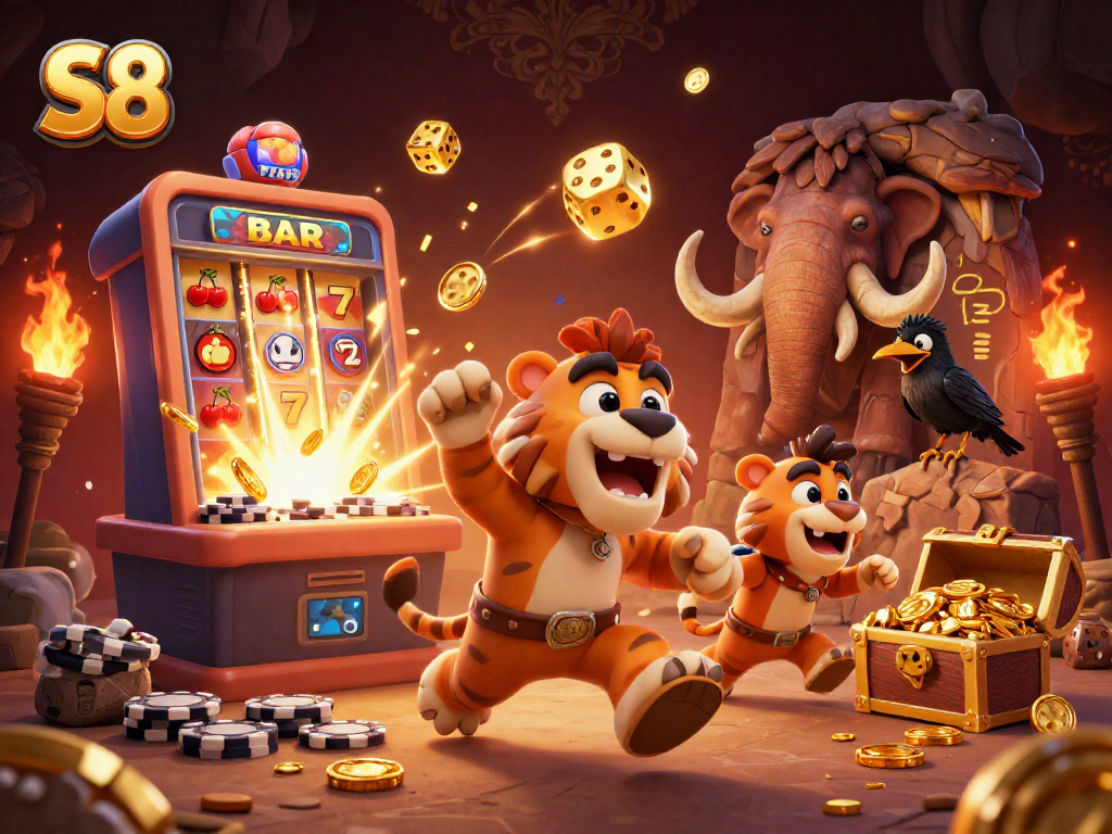 S8 offers thrilling gaming experiences with a vibrant jackpot scene featuring playful characters.
