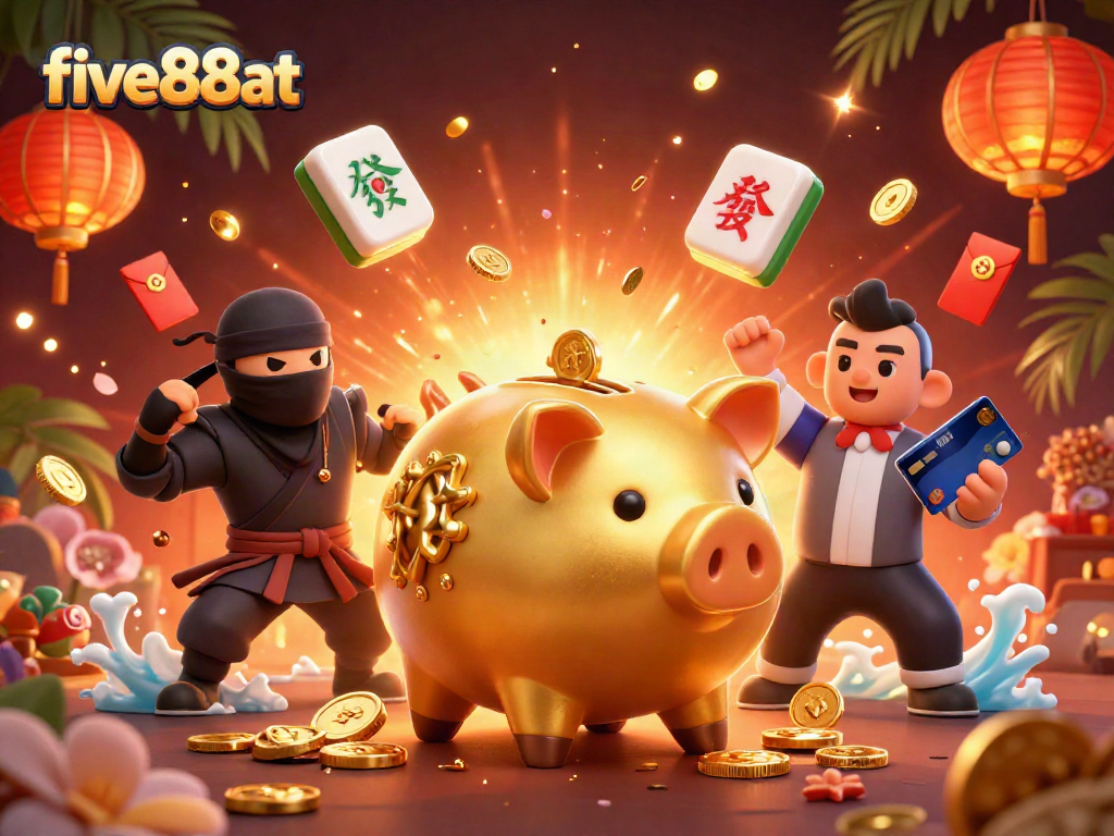 Experience the excitement of five88at with a golden piggy bank sumo wrestler at a lively casino.