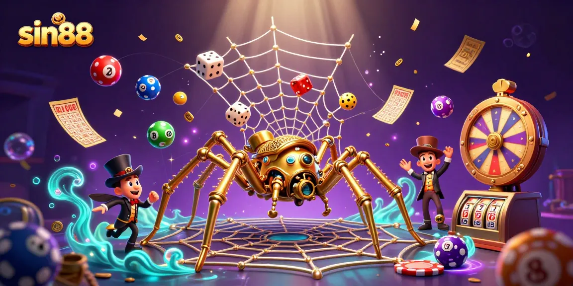 Join sin88 in a vibrant casino-themed adventure featuring a golden spider and animated lottery elements.