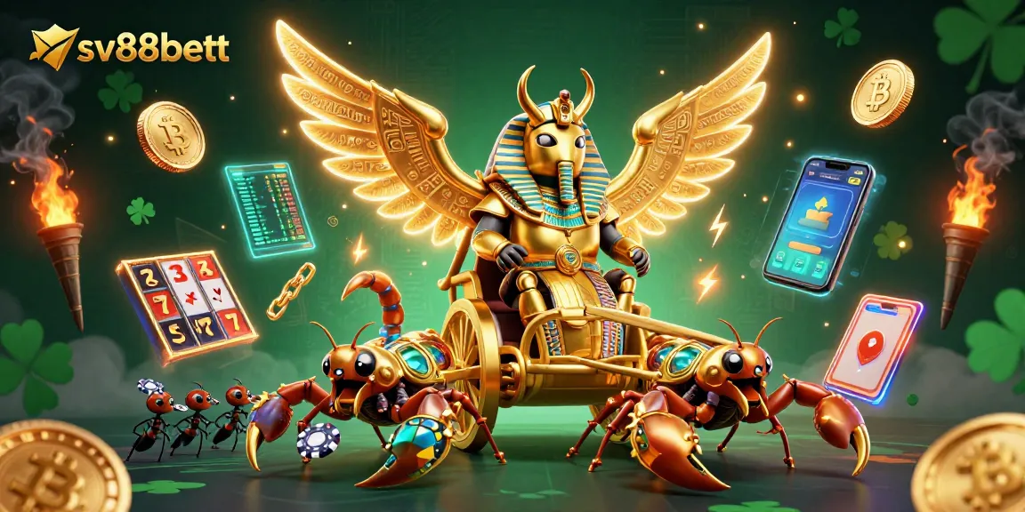 Engage with sv88bett's vibrant casino scene showcasing a golden scarab beetle leading a dynamic gambling adventure.