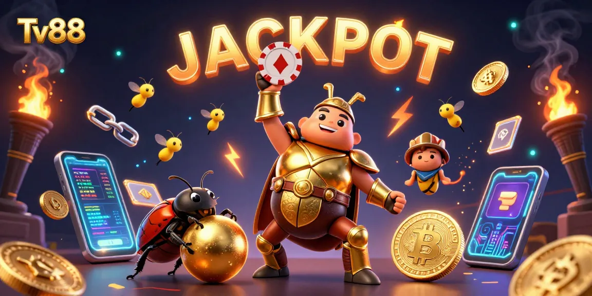 Experience thrilling jackpots at Tv88 with dynamic characters lifting poker chips and glowing crypto coins.