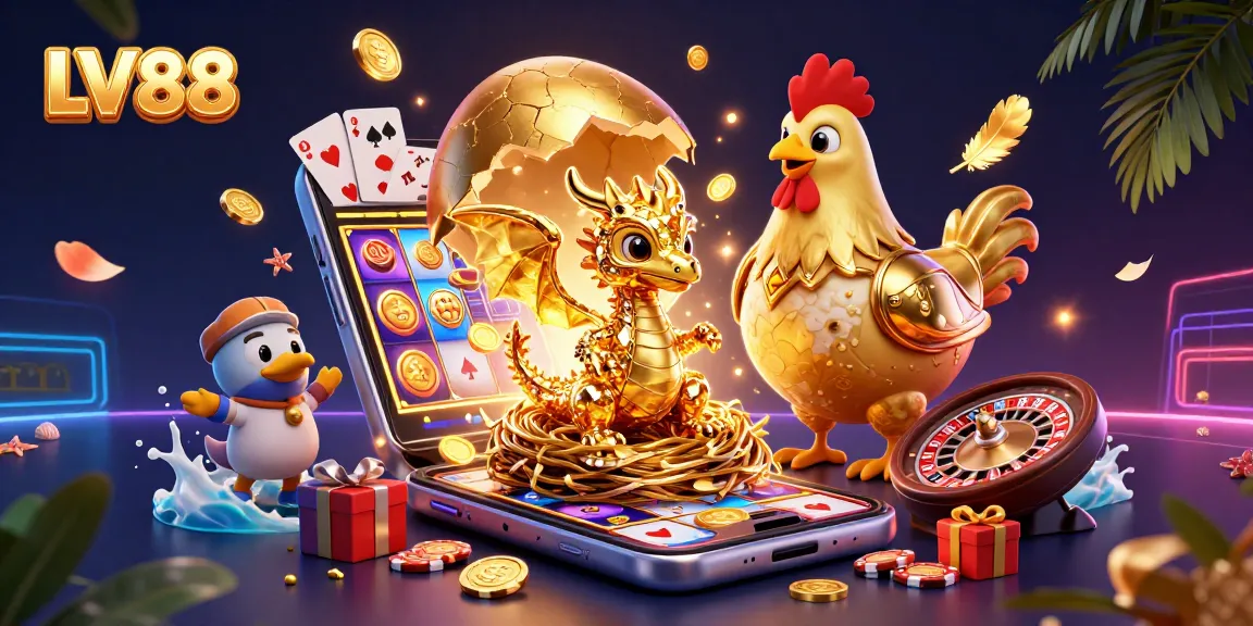 Experience thrilling gaming with LV88 featuring a baby dragon and golden poker chips in an exciting casino scene.