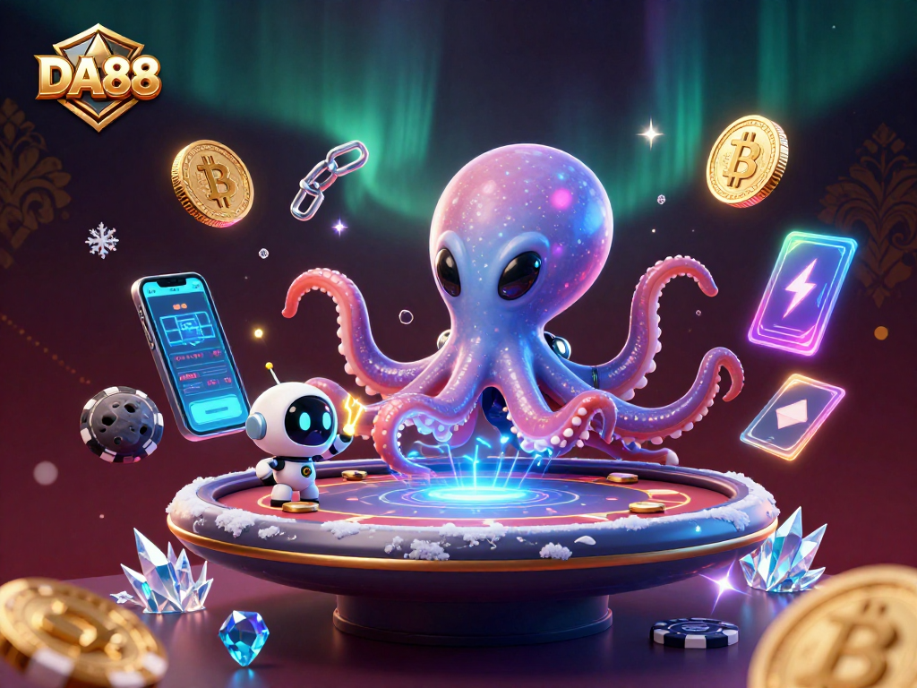 Experience thrilling gaming with DA88 as a vibrant octopus and robot navigate a cosmic poker scene.
