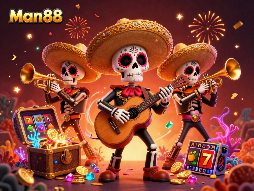 Man88 showcases a vibrant, dynamic 3D casino scene with festive mariachi characters and exciting gaming elements.