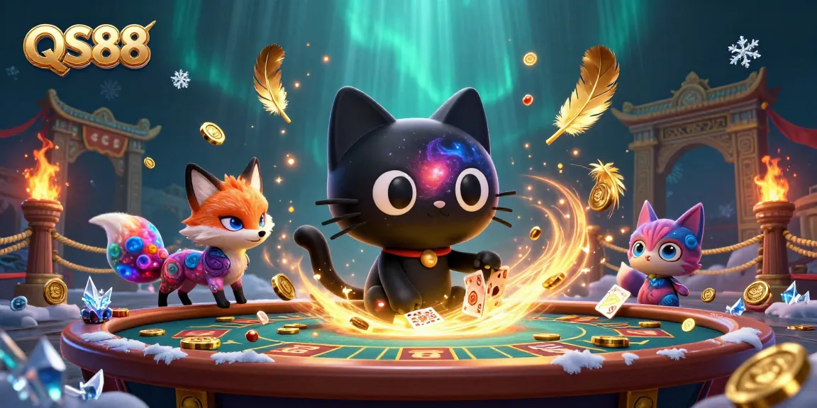 Engage with QS88's cosmic casino as the black hole cat pulls in winnings amidst colorful space companions.