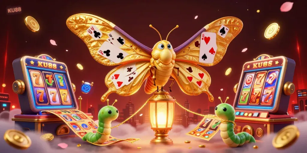 Experience thrilling casino jackpots at KU88 with a vibrant moth amidst golden slot reels.