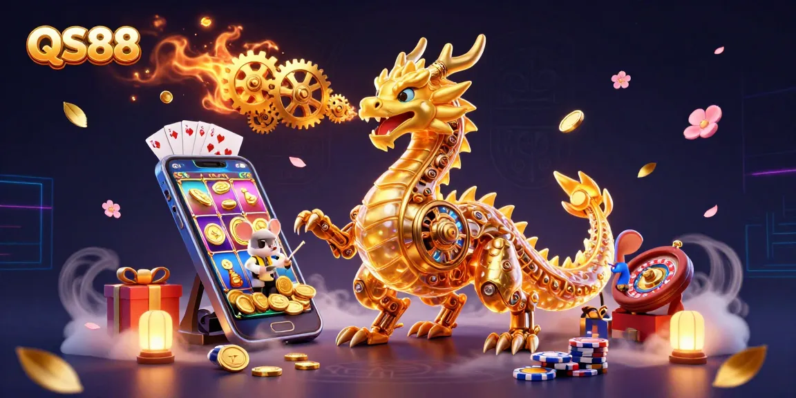 Experience exciting gaming adventures at QS88, featuring a golden dragon and vibrant slot games.