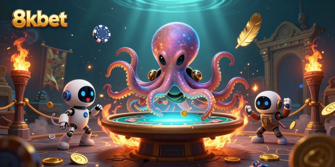 Experience the thrilling world of poker with 8kbet in a vibrant 3D casino scene featuring an alien octopus.