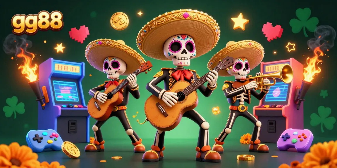 Engage in thrilling gaming adventures with gg88's multi-character illustration showcasing festive mariachi performers amidst vibrant casino elements.