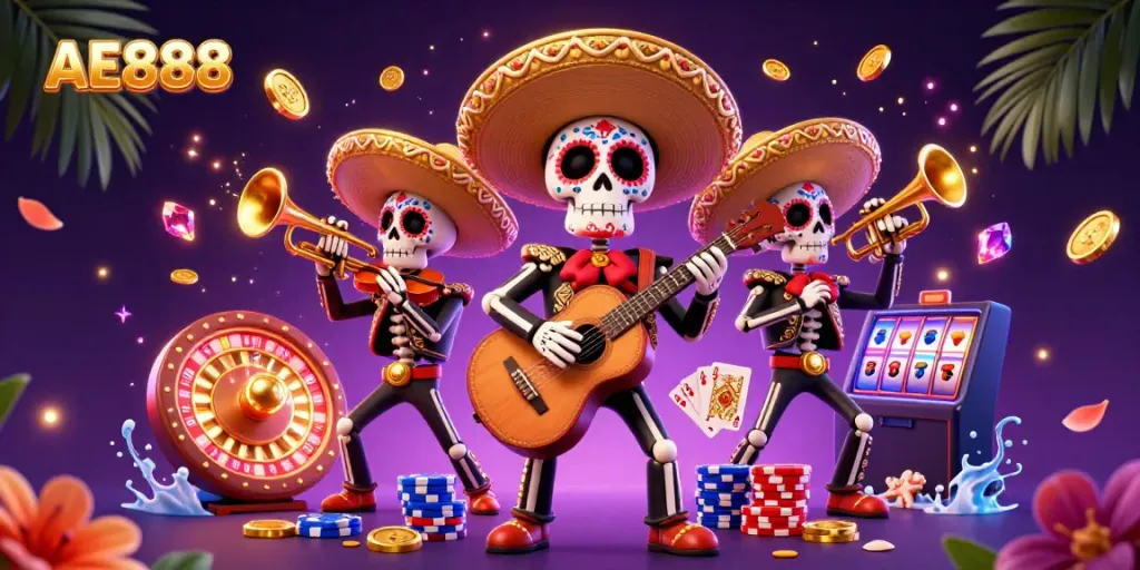 Experience the excitement of AE888 with vibrant skeleton mariachi musicians surrounded by casino elements and golden coins.