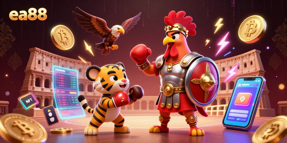 ea88 showcases 3D characters in a vibrant casino scene with crypto elements.