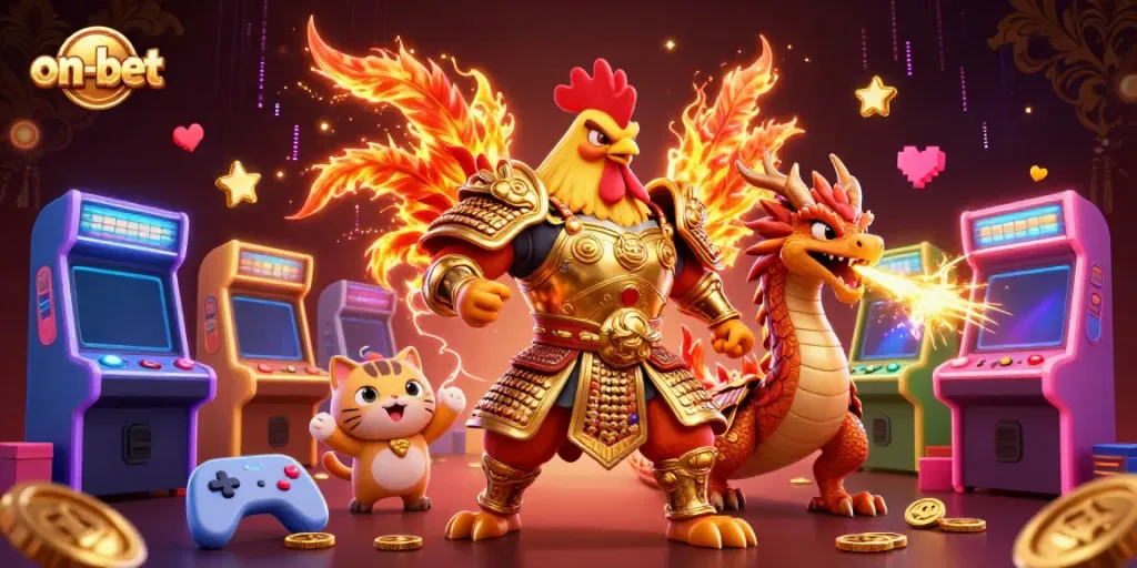 Engage in thrilling casino action with the on-bet 3D cartoon rooster warrior, dragon, and charming cat.