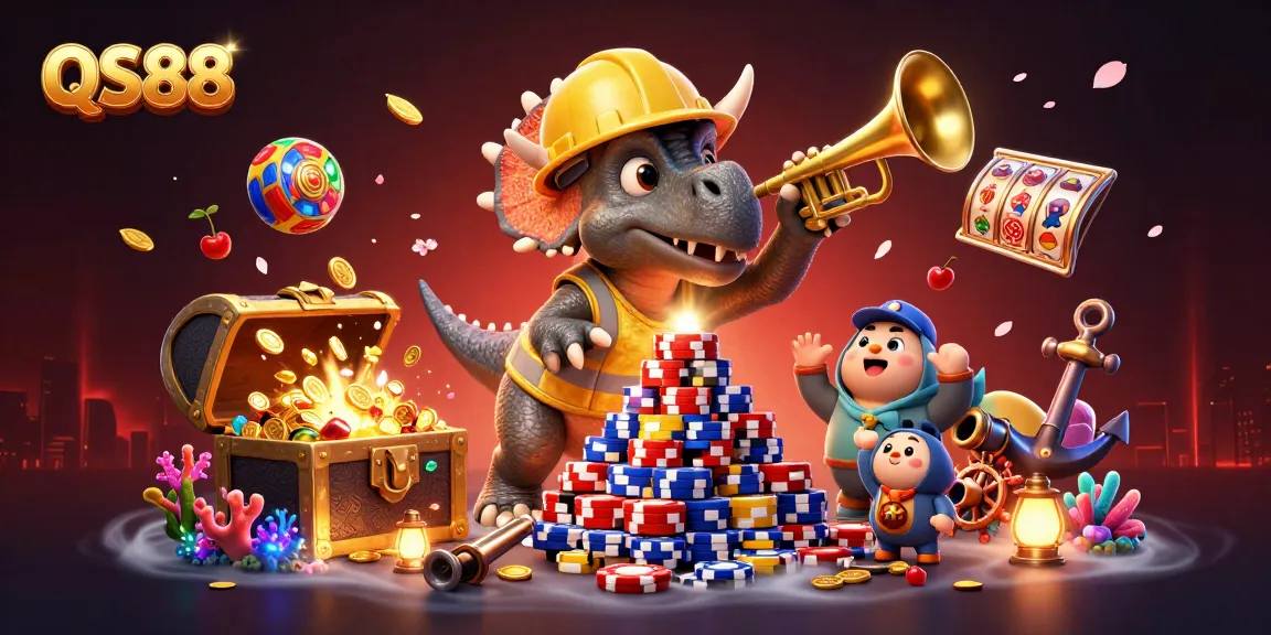 QS88 features a triceratops building a poker chip pyramid amidst a vibrant casino setting.