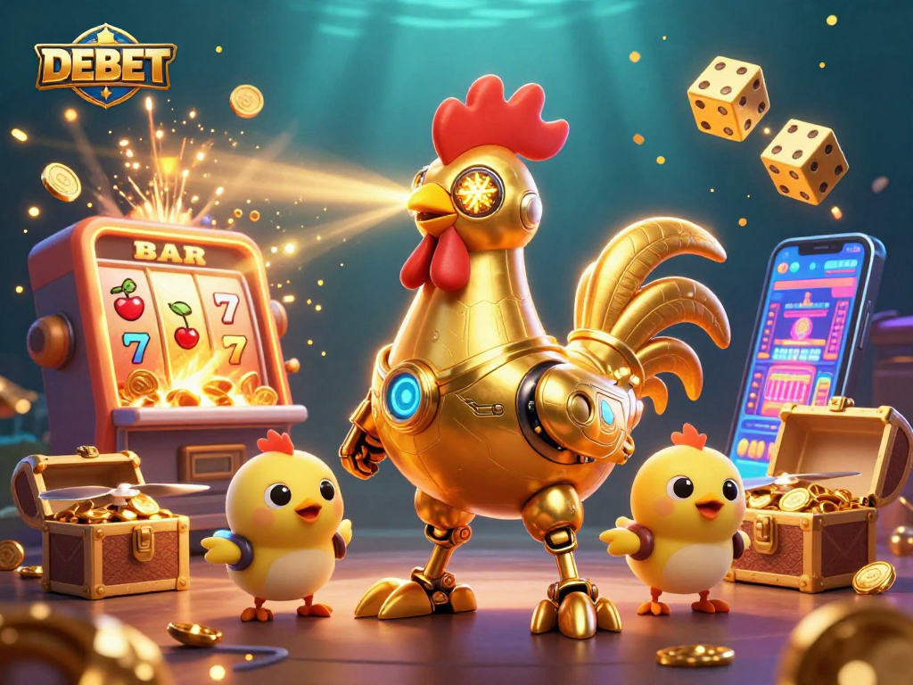 Experience thrilling gambling action with DEBET's exciting 3D illustration showcasing a golden robotic rooster and festive casino elements.