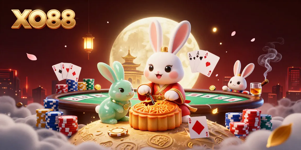 Experience the excitement of XO88 with a whimsical casino scene featuring a moon rabbit and colorful gaming elements.