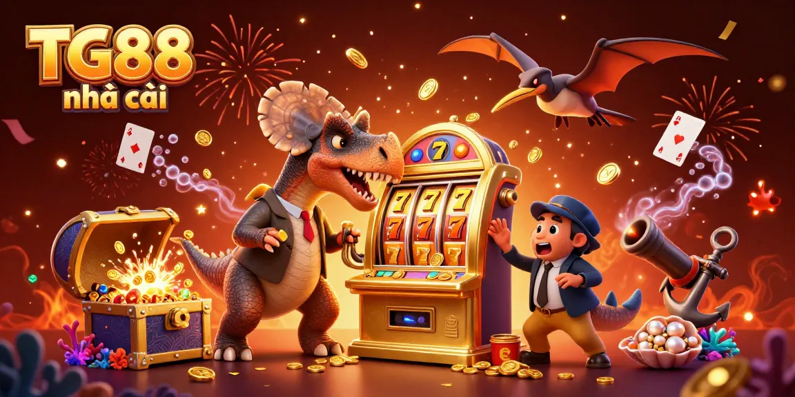 TG88 nhà cái engaging players with exciting slot machine jackpots amidst colorful casino chaos.