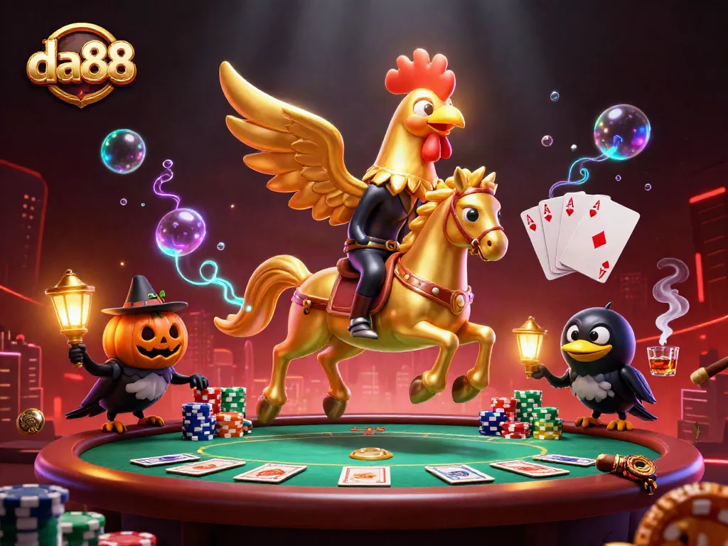 Join the da88 action with a golden rooster character in a vibrant casino scene.