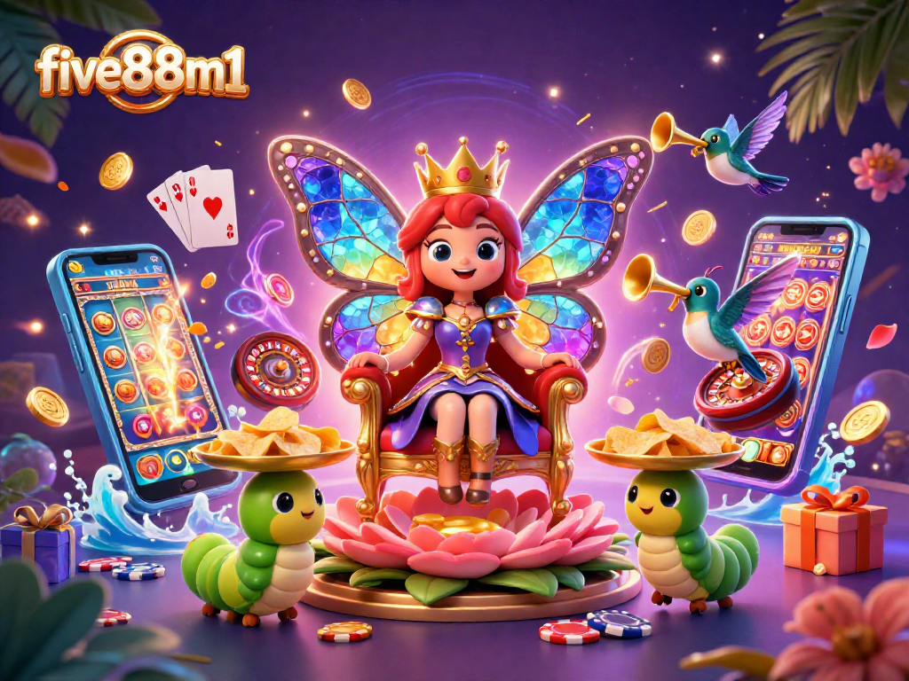 Experience vibrant gaming magic with five88m1, featuring an enchanting butterfly queen amidst casino elements.
